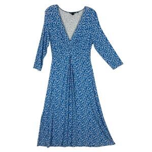 Nwot BODEN Dress 12 Blue White Geo Fit&Flare V-Neck Pleat Jersey-Knit Long-Sleev